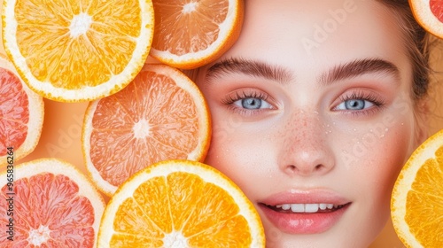 Close-up of a woman's face surrounded by fresh citrus slices, displaying natural beauty and vibrant colors, evoking a sense of freshness.