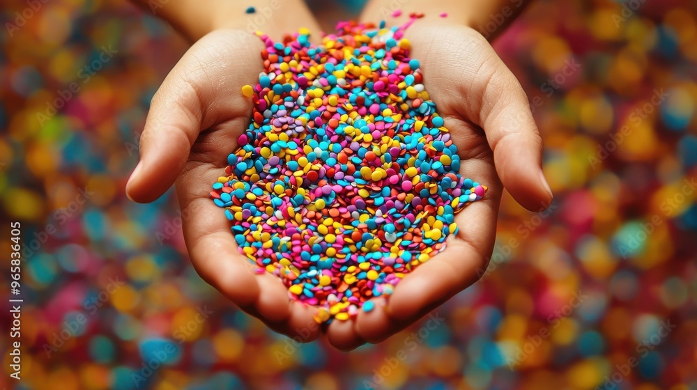 Colorful sprinkles held in hands against a bright, festive background during a celebration event