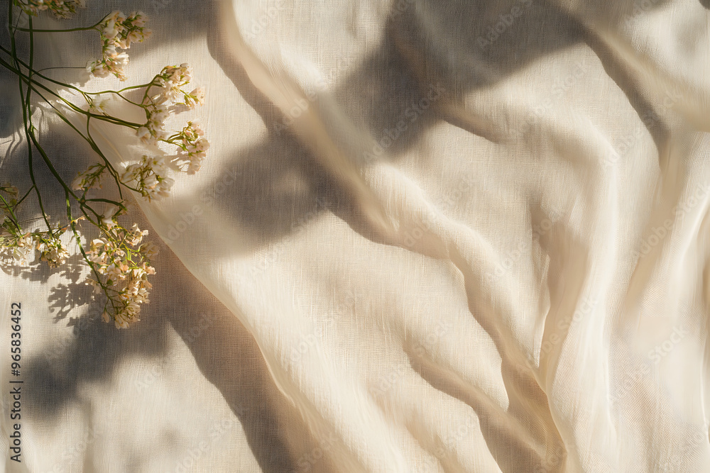 Boho wedding backdrop with natural light shadows on beige linen cloth texture. Boho wedding backdrop with natural light shadows on beige linen cloth texture.
