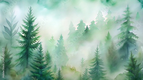 Misty forest with evergreen trees in soft green hues