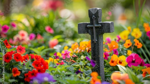 Cross in a garden with colorful flowers in spring