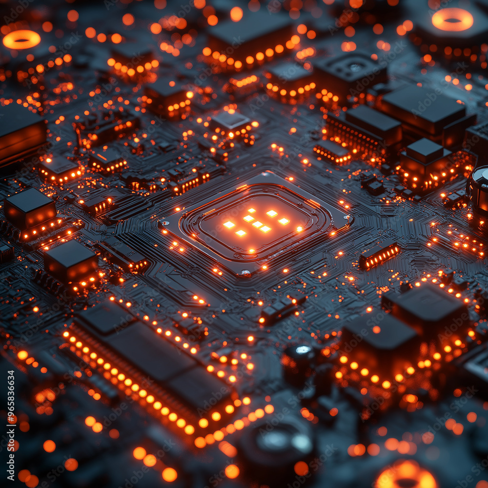 A computer chip with a glowing light on it A computer chip with a glowing light on it