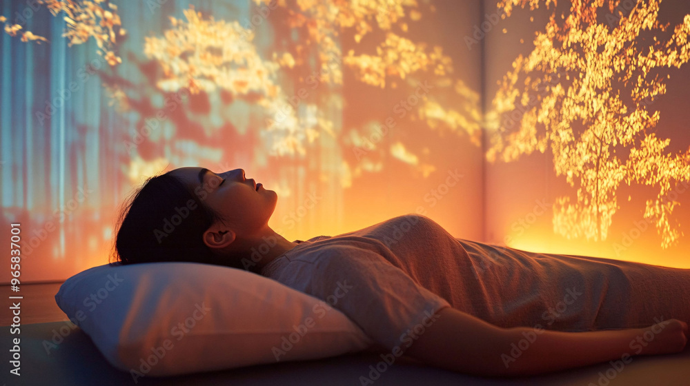 Woman relaxing on a mat with ambient nature visuals Woman relaxing on a mat with ambient nature visuals