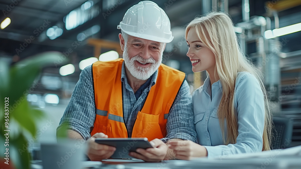 A bearded worker and a young professional smile, discussing plans on a tablet. A bearded worker and a young professional smile, discussing plans on a tablet.