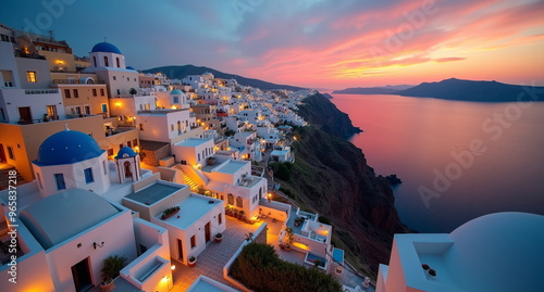 A breathtaking sunset over the iconic white and blue architecture of Santorini, Greece, overlooking the calm Aegean Sea. 