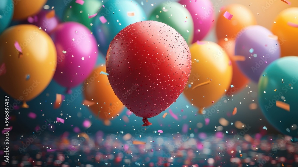 Colorful balloons float joyfully at a festive celebration with confetti raining down in a vibrant party atmosphere Colorful balloons float joyfully at a festive celebration with confetti raining down in a vibrant party atmosphere