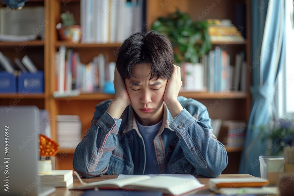 A person sitting at a desk, holding their head in pain, with a cluttered workspace in the background, symbolizing stress-induced headache. A person sitting at a desk, holding their head in pain, with a cluttered workspace in the background, symbolizing stress-induced headache.