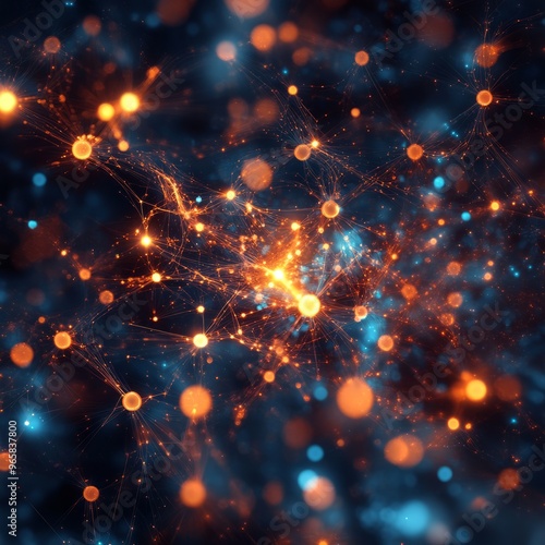 Abstract glowing network with orange and blue bokeh.