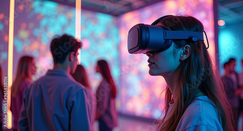 A group of people immersed in a virtual reality experience, wearing VR headsets in a futuristic, neon-lit setting.
 photo