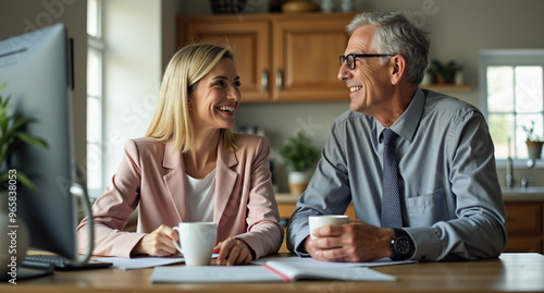 A smiling man and woman have a friendly conversation over coffee in a modern kitchen setting. 