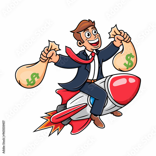 business man riding a rocket carrying money bags in both hands, suitable for presentations and success in business.