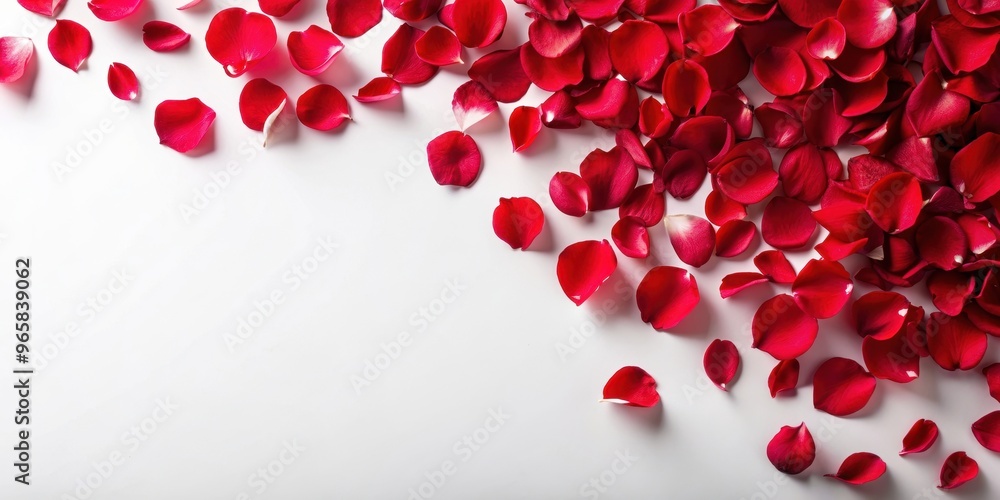 Vibrant red rose petals scattered on a white background, romantic, love, passion, flower, botanical, nature, petal Vibrant red rose petals scattered on a white background, romantic, love, passion, flower, botanical, nature, petal