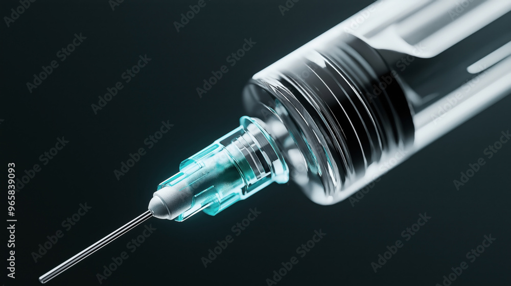 Macro close-up image of a syringe needle and barrel against a dark background, highlighting the precision and details of the medical equipment. Macro close-up image of a syringe needle and barrel against a dark background, highlighting the precision and details of the medical equipment.