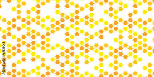 Bee honeycomb banner template with yellow and orange hexagonal cells. Vector honey texture background