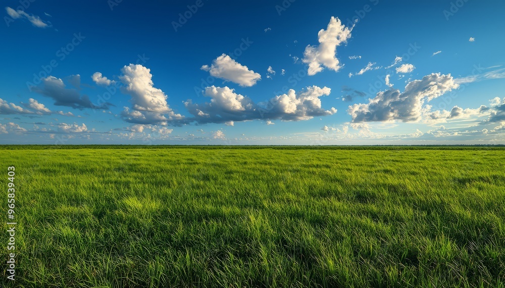 Vibrant green grass stretches across an expansive field under a bright blue sky adorned with fluffy white clouds. Vibrant green grass stretches across an expansive field under a bright blue sky adorned with fluffy white clouds.