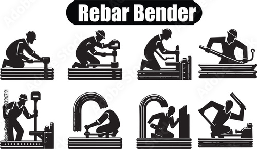 Rebar Bender Vector Illustration: Construction Worker Bending Steel Reinforcement Bars with Manual Tools in Silhouette Style for Building Projects