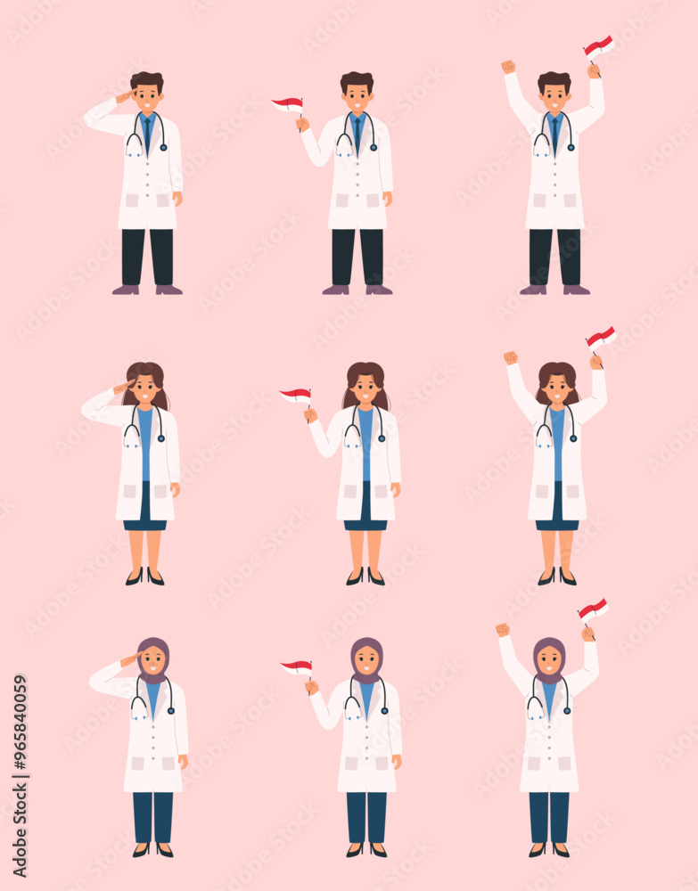 The doctor celebrating Indonesia independence day set collection vector illustration The doctor celebrating Indonesia independence day set collection vector illustration
