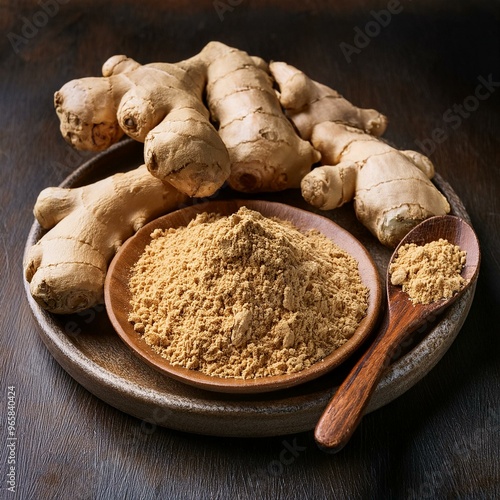 Fresh ginger root and ground ginger powder.
