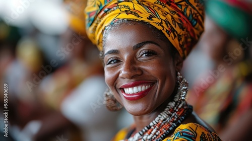 A vibrant image of a joyful woman with a radiant smile, donning traditional colorful attire and a matching head wrap, capturing the essence of happiness and cultural pride.