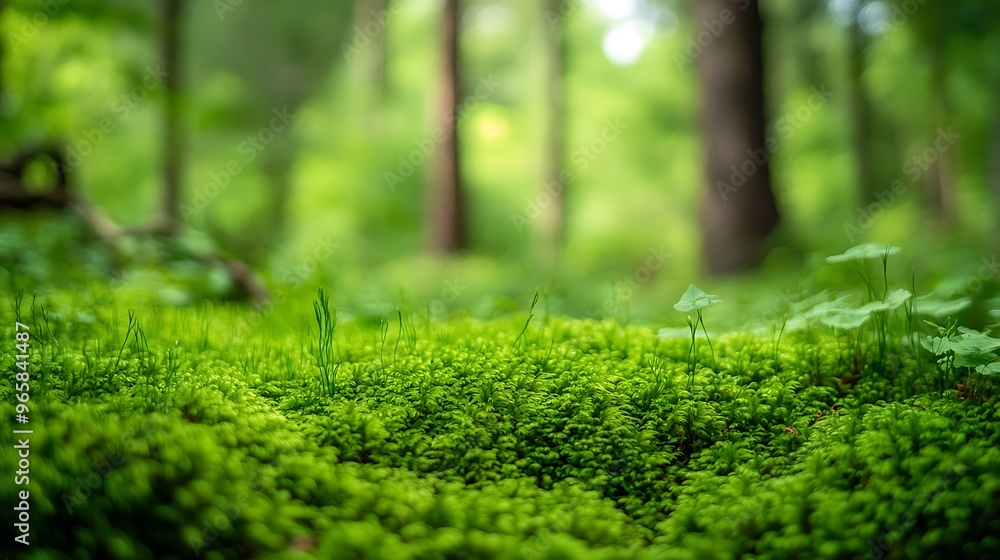 Close-up of lush green moss with a blurred forest background. Close-up of lush green moss with a blurred forest background.