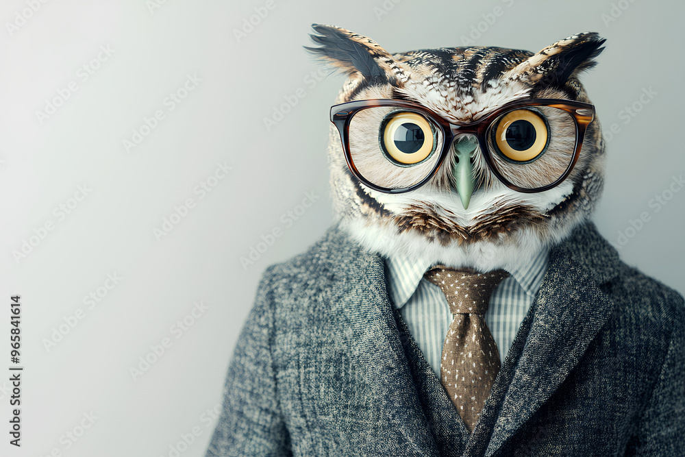 An owl dressed in a suit and glasses, combining animal and human characteristics. An owl dressed in a suit and glasses, combining animal and human characteristics.