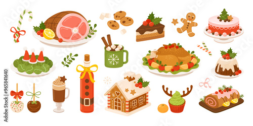 Christmas food set with seasonal desserts and serving meat isometric vector illustration. Happy winter holiday celebration meal turkey ham sweet cane gingerbread man ginger house cake delicious