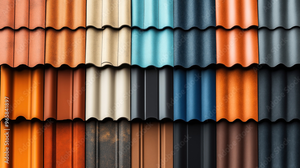 A detailed image showcasing various colorful roofing tiles arranged in rows. The tiles come in a range of colors such as orange, blue, black, beige, and brown. A detailed image showcasing various colorful roofing tiles arranged in rows. The tiles come in a range of colors such as orange, blue, black, beige, and brown.