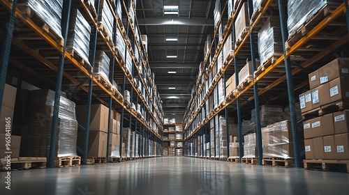 Warehouse with pallets and boxes in a large space featuring shades of blue, white, gray, brown, and yellow in the background.