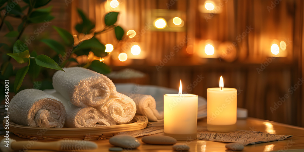 Spa still life with candles and towels on a brown background Spa still life with candles and towels on a brown background