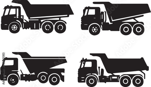 Black and White Vector Illustration of Dump Trucks: Construction Vehicles, Heavy Machinery, Transportation, Silhouette Graphics, Commercial Use