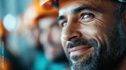 Multiple workers with helmets and safety glasses are seen in a candid and focused discussion, captured in an industrial setting with a blurry background evoking engagement and collaboration.