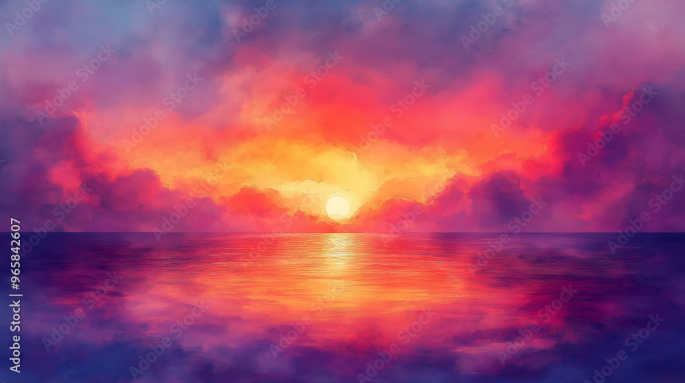 Naklejka premium A painting of a sunset with a blue ocean in the background