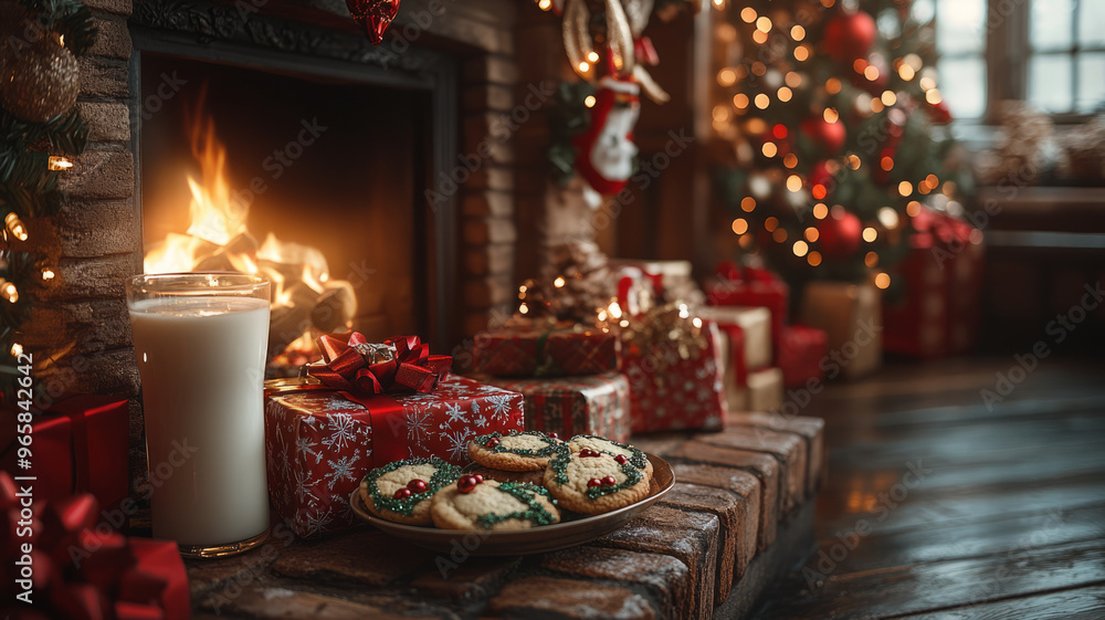 A cozy fireplace surrounded by gifts, Christmas decor, cookies, and milk. A cozy fireplace surrounded by gifts, Christmas decor, cookies, and milk.