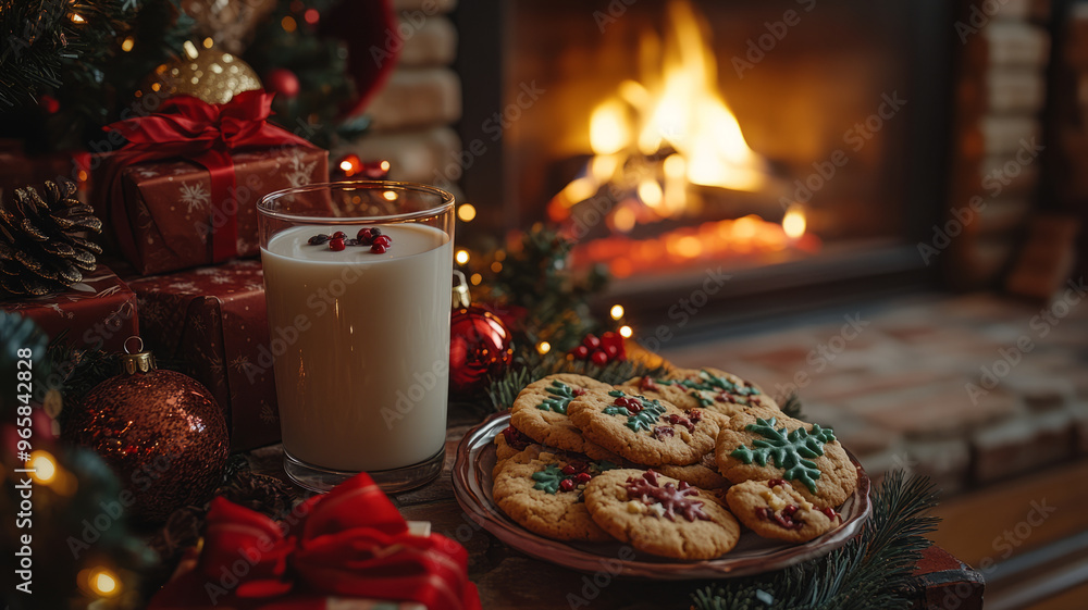 custom made wallpaper toronto digitalA cozy fireplace surrounded by gifts, Christmas decor, cookies, and milk.