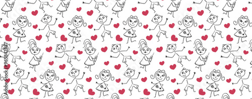 Valentine's seamless pattern. Boy and girl friendship on valentine's day. Vector drawing happy cute girl with phone and boy with flower. Imitation of children's drawing.