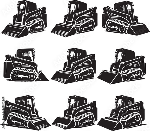Black and White Vector Illustration of Skid Steer Loaders: Construction Equipment, Heavy Machinery, Front Loaders, Industrial Vehicles Graphics