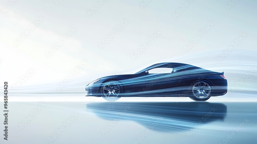 Car in motion with digital waves from wheels representing advanced automotive technology integration.