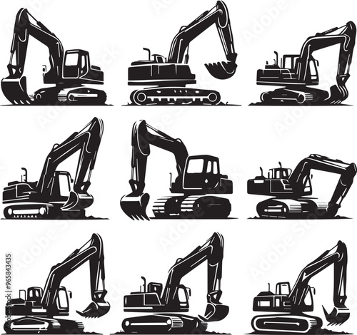 Black and White Vector Illustration of Excavators: Construction Equipment, Heavy Machinery, Industrial Vehicles, Building, Digging, and Engineering