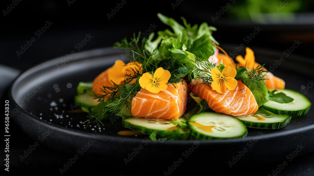 A sophisticated dish featuring fresh slices of raw salmon arranged on a bed of cucumber, garnished with leafy greens, dill, and edible yellow flowers on a black plate. A sophisticated dish featuring fresh slices of raw salmon arranged on a bed of cucumber, garnished with leafy greens, dill, and edible yellow flowers on a black plate.