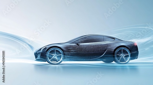 Car in motion with digital waves emanating from wheels highlighting advanced automotive technology integration.