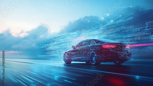 Car in motion with digital waves from wheels representing advanced automotive technology integration.