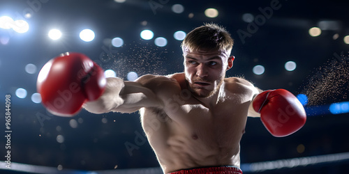 Boxer throwing a punch in the ring photo