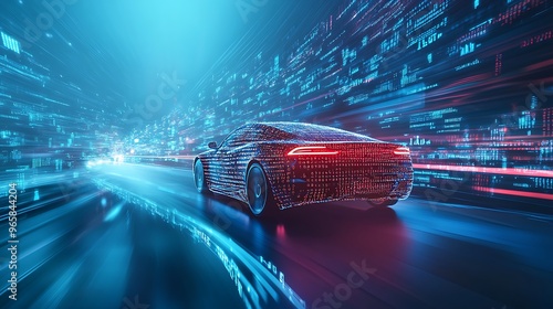 Car in motion with digital waves from wheels illustrating integration of advanced automotive technology.