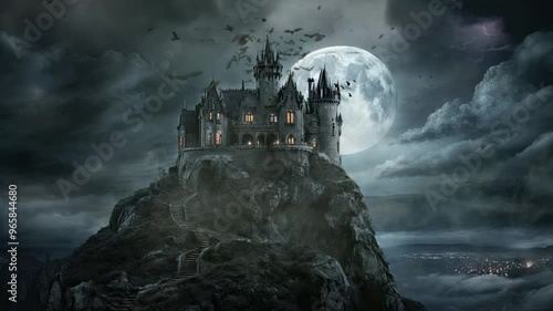 Gothic Vampire Castle on a Cliff with Full Moon Background
