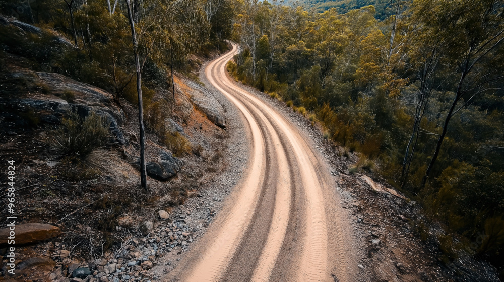 A winding dirt road with visible tire tracks passes through a dense, forested area. The surrounding landscape includes rugged terrain and thick vegetation. A winding dirt road with visible tire tracks passes through a dense, forested area. The surrounding landscape includes rugged terrain and thick vegetation.