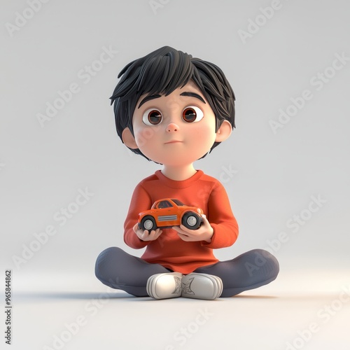 Adorable cartoon boy sitting with toy car, looking up.