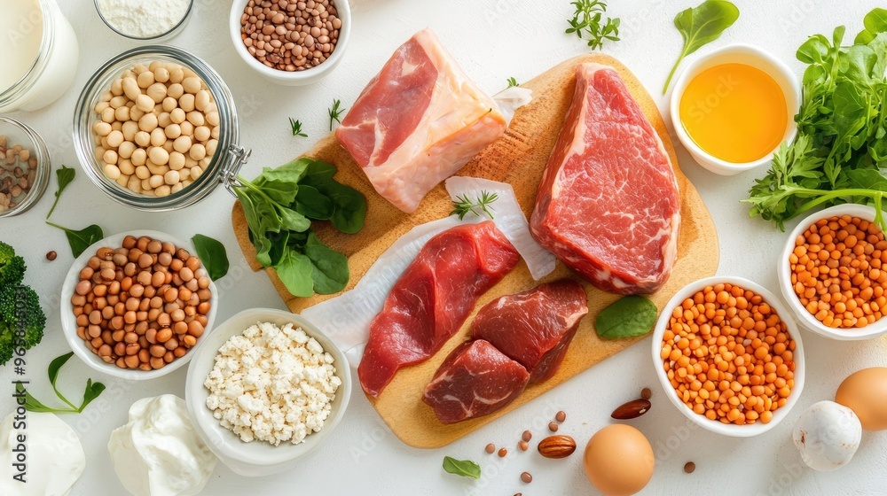 A fresh spread of vitamin B-rich foods like legumes, meats, and dairy, laid out on a kitchen counter with a bright, healthy vibe A fresh spread of vitamin B-rich foods like legumes, meats, and dairy, laid out on a kitchen counter with a bright, healthy vibe