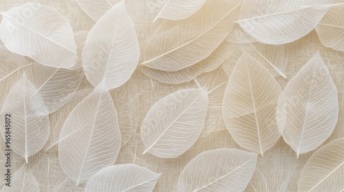 Elegant White Leaves with Transparent Veins on Beige - Seamless Pattern