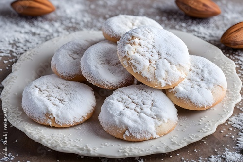 A greek kourabiedes cookie dusted with powdered sugar and decorated with an almond, AI Generated photo