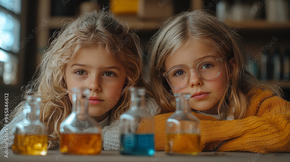 2 children in a modern classroom, engaged in learning chemical activities. 2 children in a modern classroom, engaged in learning chemical activities.
